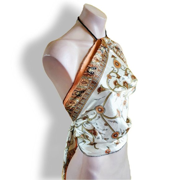 Metallic cream, orange + gold scarf top, black exposed hem trim + rope neck ties - Picture 4 of 4